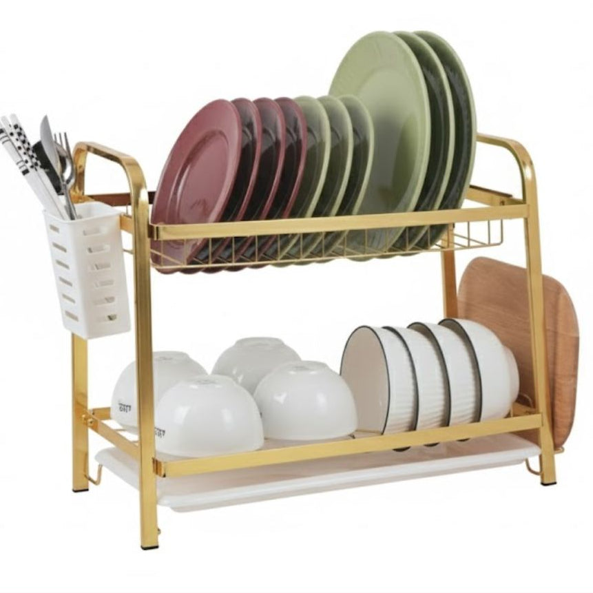 2-Tier Gold Dish Drying Rack with Utensil Holder & Drain Tray