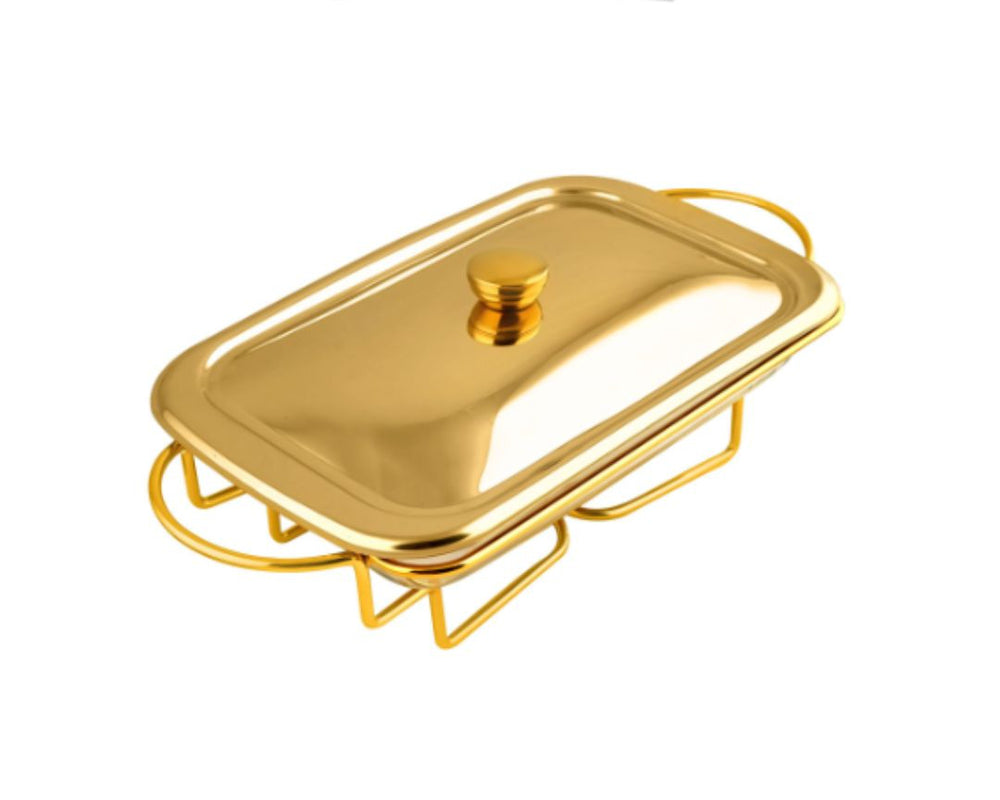 Rectangular Buffet Food Warmer Serving Glass Dish with Golden Lid - 2 Liters