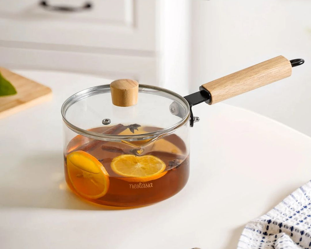 Glass Pot With Long Wooden Handle & Glass Lid