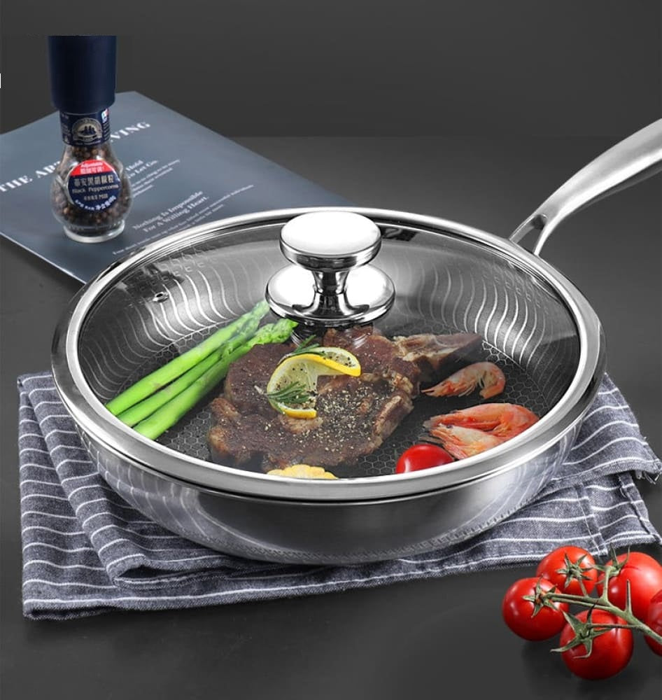 Double Sided Laser Coated Honeycomb Frying Pan with Glass Lid