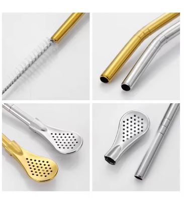 7 Piece Set - Reusable Stainless Steel Drinking Straws with Filter Spoon