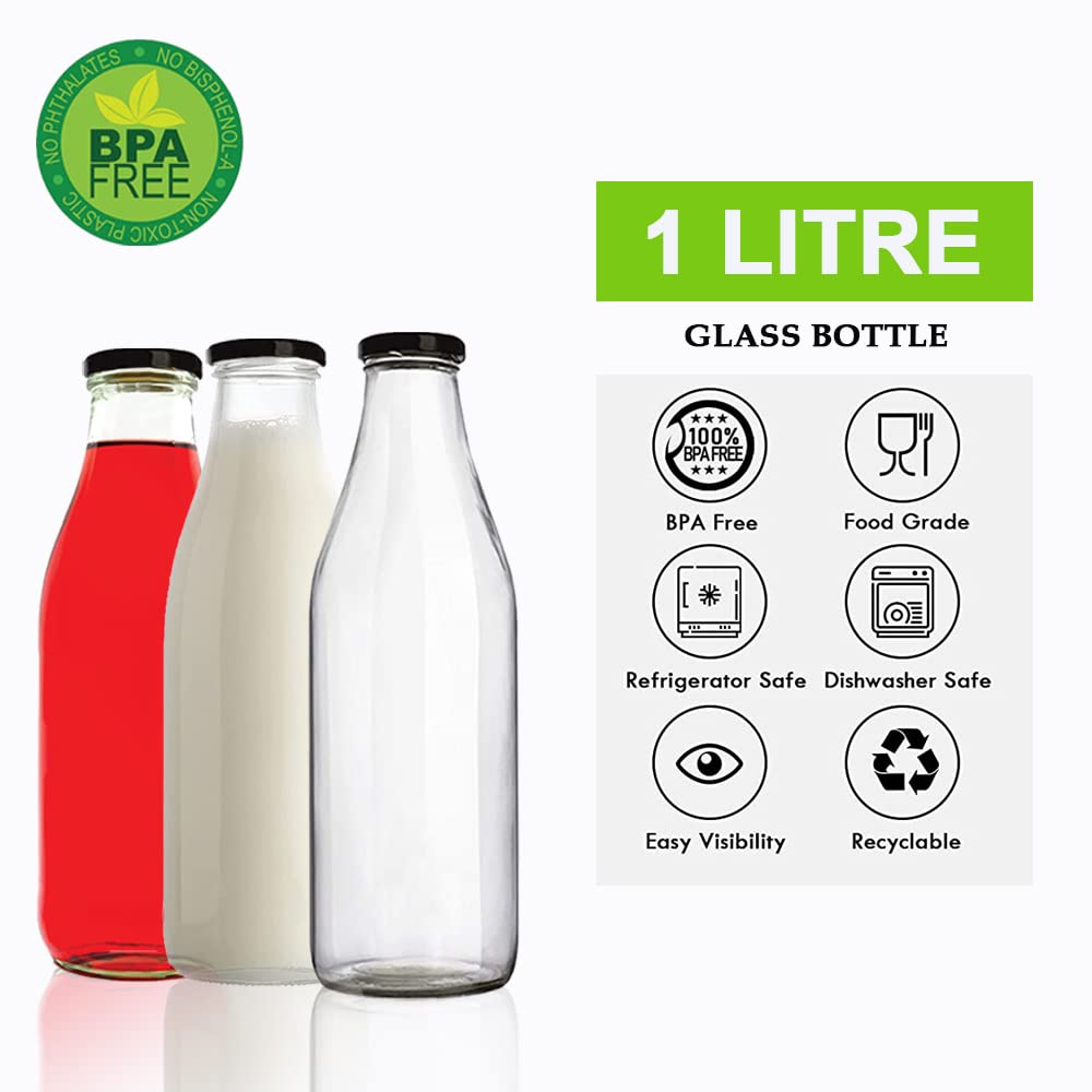 Glass Milk Bottle with Air Tight Black Lid