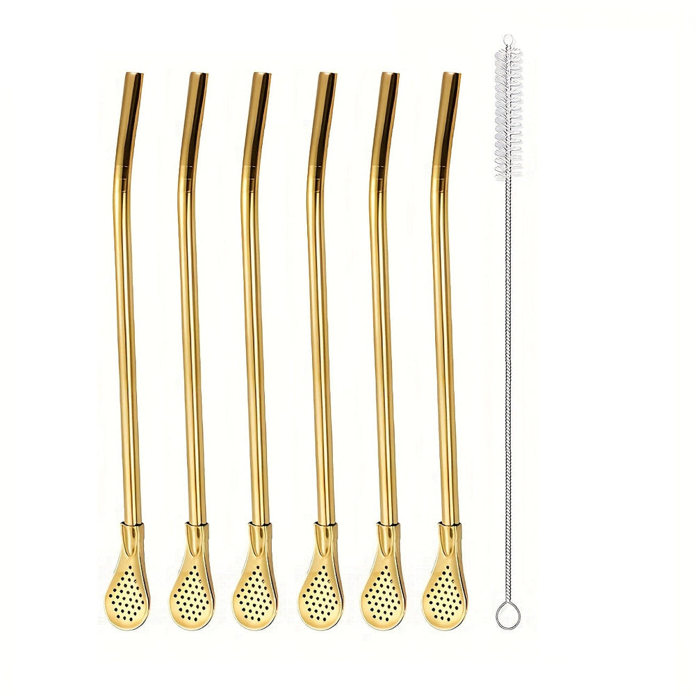 7 Piece Set - Reusable Stainless Steel Drinking Straws with Filter Spoon