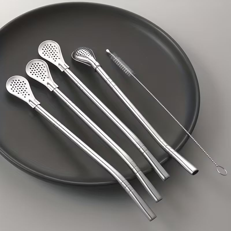 7 Piece Set - Reusable Stainless Steel Drinking Straws with Filter Spoon
