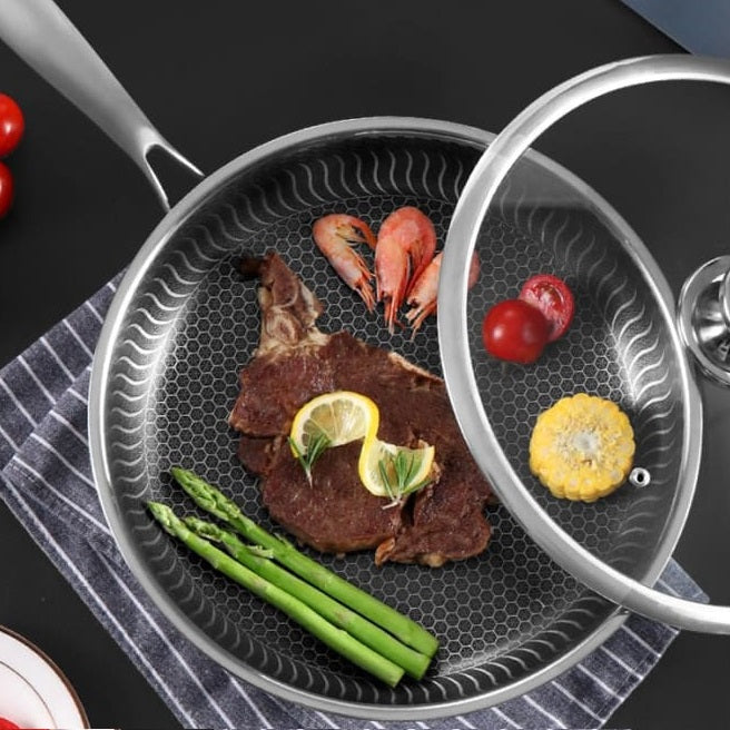 Double Sided Laser Coated Honeycomb Frying Pan with Glass Lid