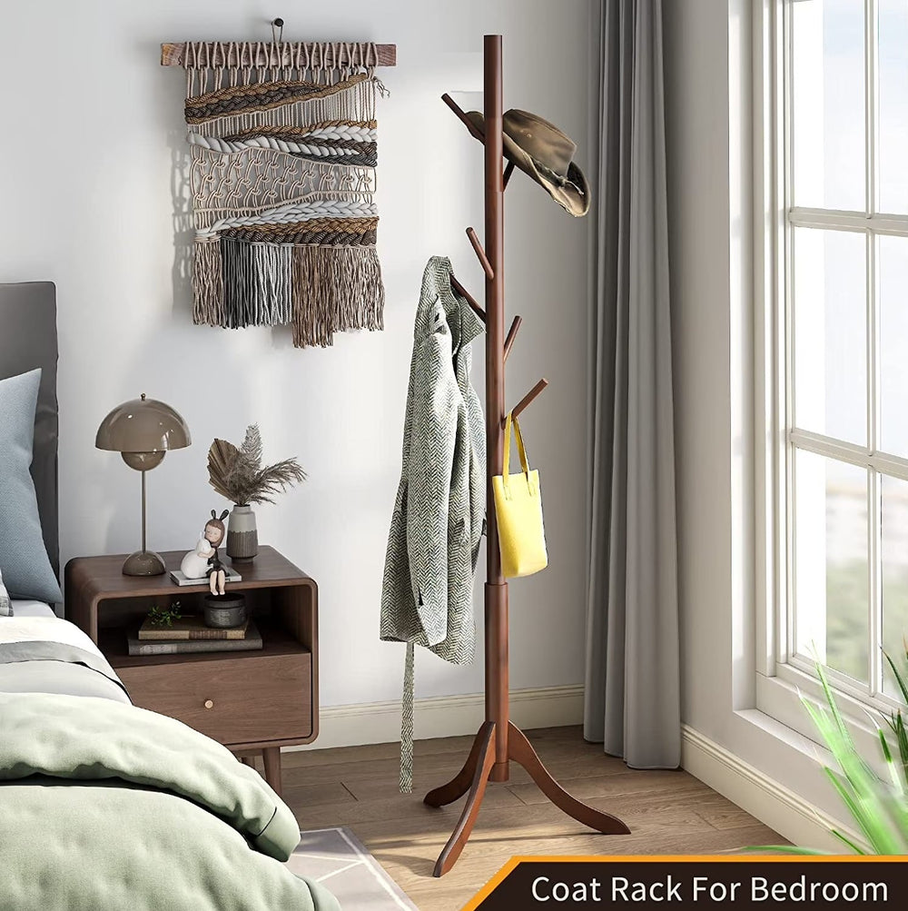 Free Standing Wooden Coat Tree with 6 Hooks – Coat Rack Stand for Coats, Hats, Bags & Purses