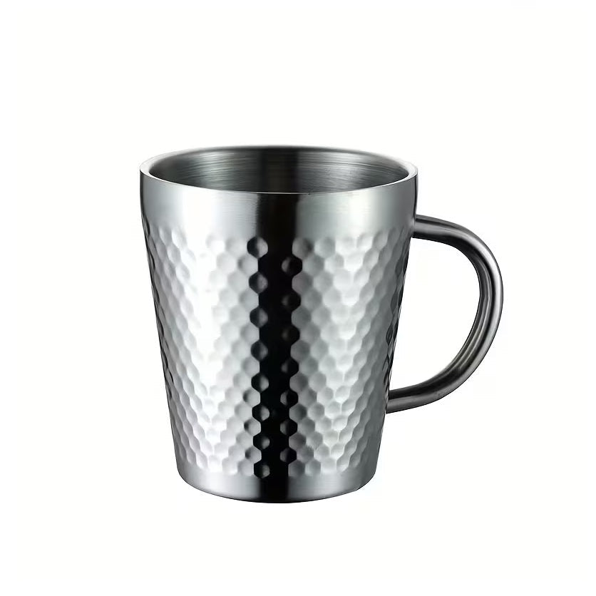 Stainless Steel Hammered Texture Glass with Handle – Double Wall Insulated Coffee Cup