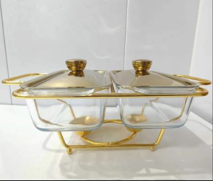 2 Grid Buffet Food Warmer Glass Serving Dish with Golden Lid