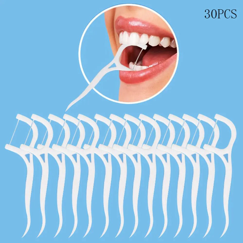 Pack of 30 - Dental Floss Toothpicks, Teeth Cleaning Flosser Toothbrush Toothpicks, Dental Floss Stick, Dental Care Flat Line Flossing Plastic Toothpicks