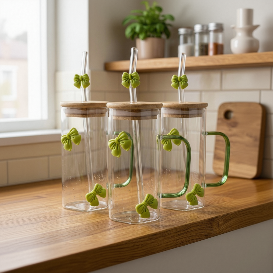 Green Bow Hexagonal Glass Tumbler with Straw