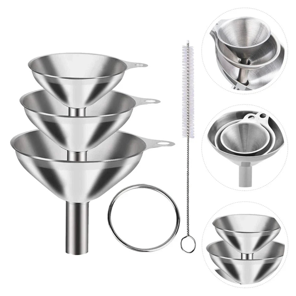 3Pcs Stainless Steel Kitchen Funnel Set with Cleaning Brush – Large, Medium & Small