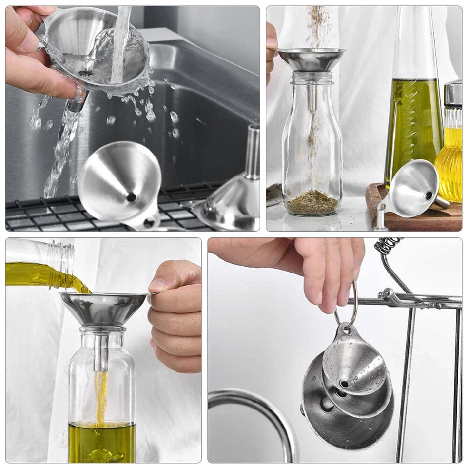 3Pcs Stainless Steel Kitchen Funnel Set with Cleaning Brush – Large, Medium & Small