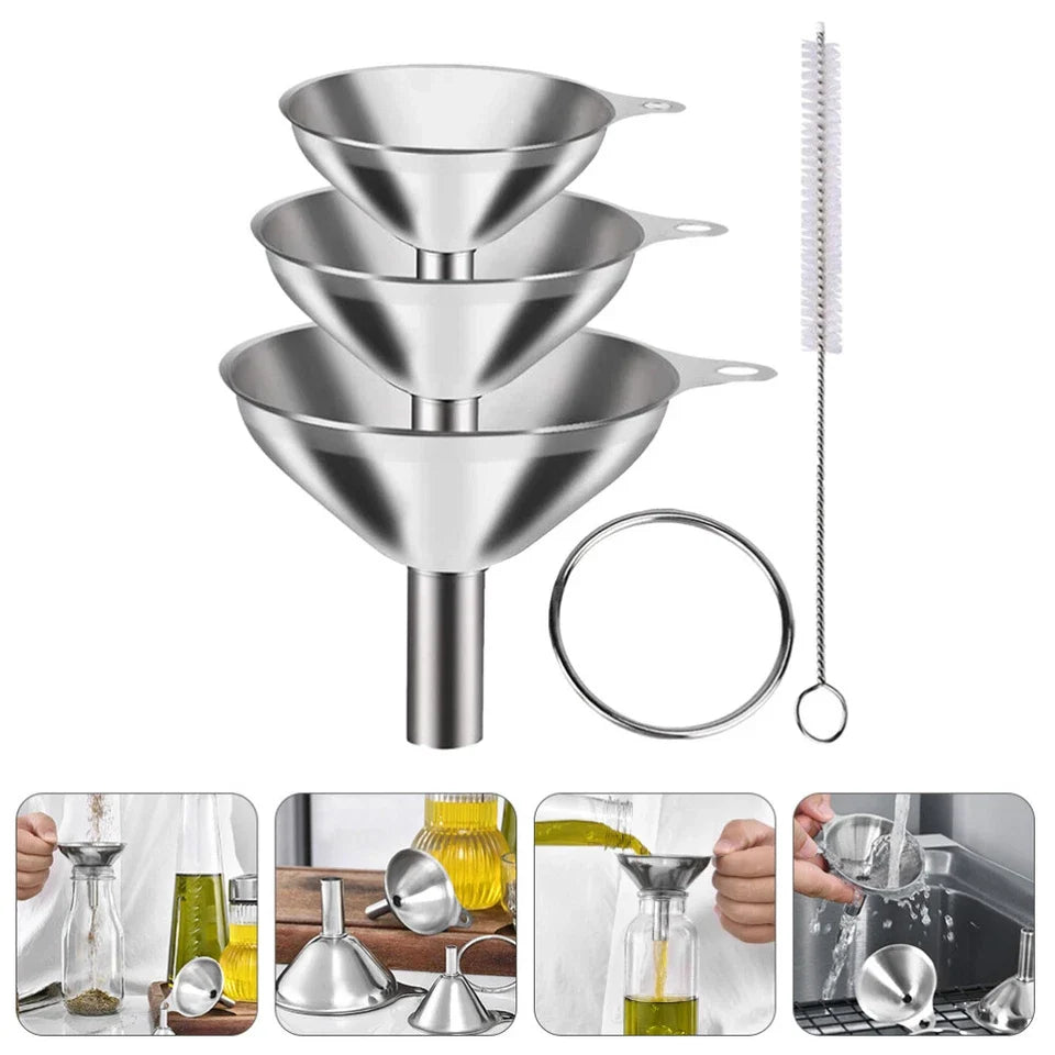 3Pcs Stainless Steel Kitchen Funnel Set with Cleaning Brush – Large, Medium & Small