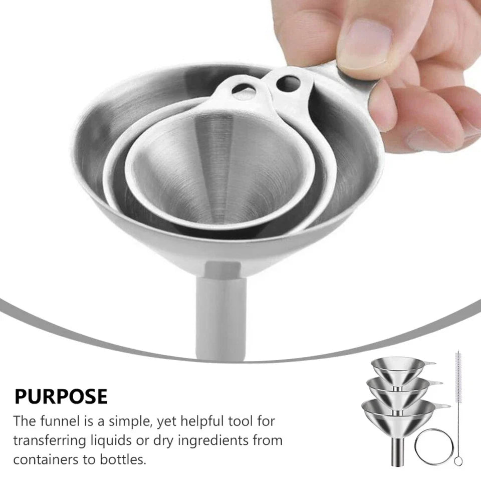 3Pcs Stainless Steel Kitchen Funnel Set with Cleaning Brush – Large, Medium & Small