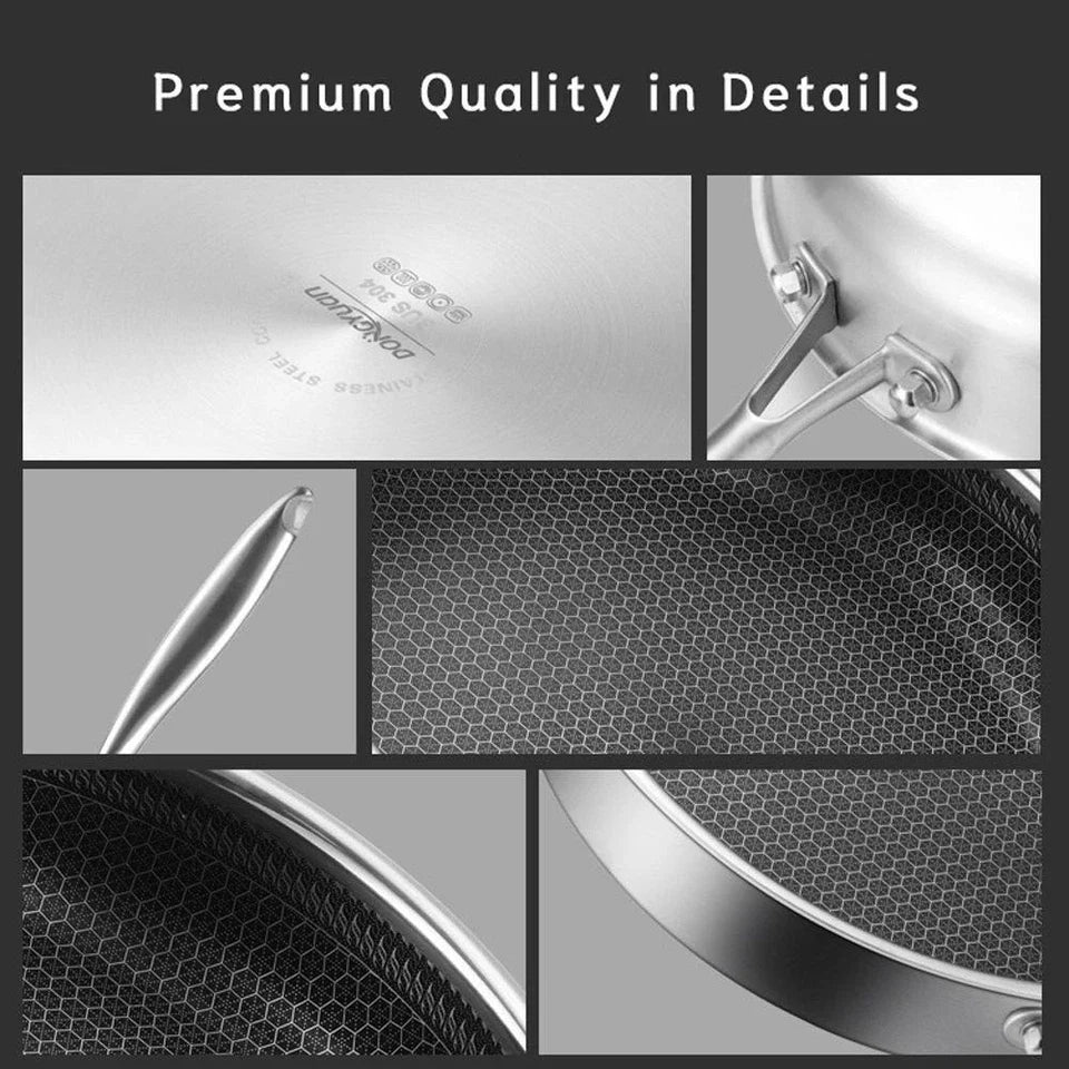Stainless Steel Laser Coated Honeycomb Frying Pan with Glass Lid