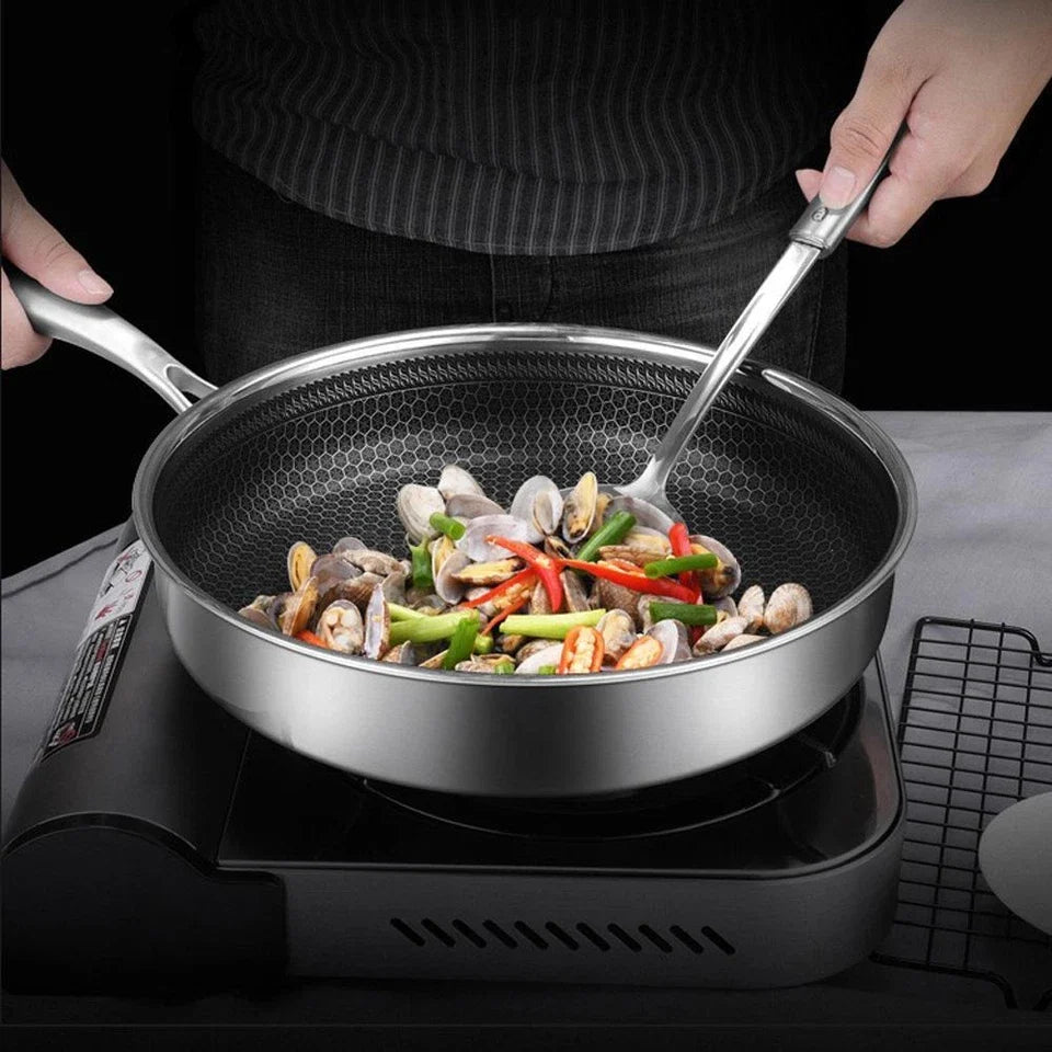 Stainless Steel Laser Coated Honeycomb Frying Pan with Glass Lid