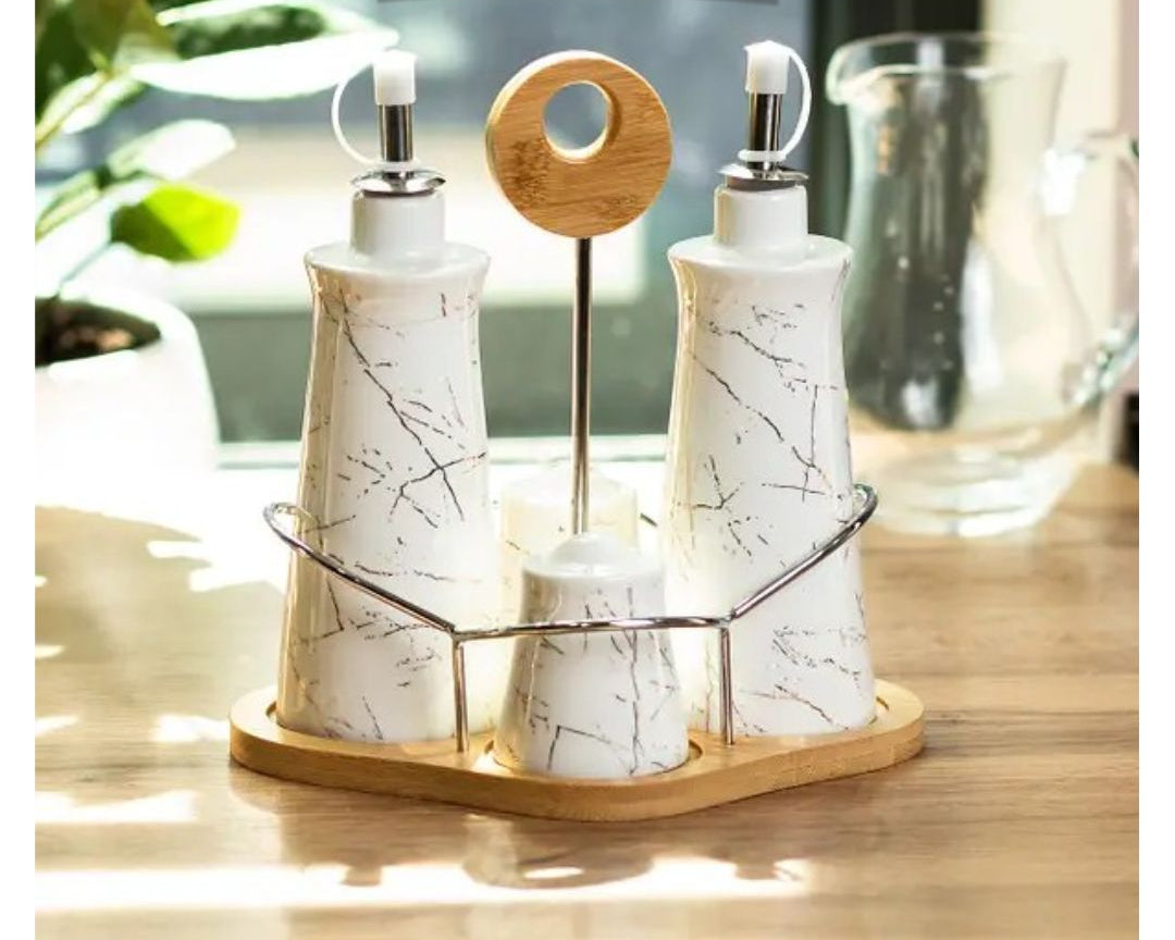 Set of 4 - Condiment Set with Wooden Base