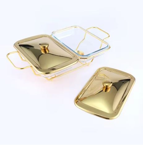2 Grid Buffet Food Warmer Glass Serving Dish with Golden Lid