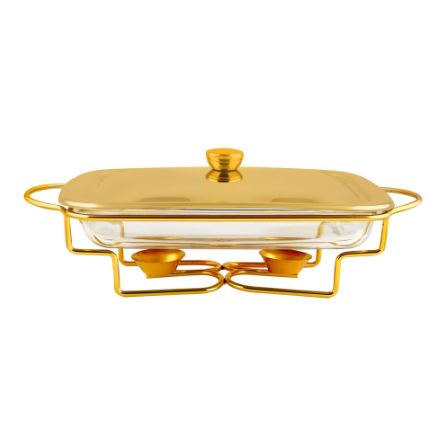 Rectangular Buffet Food Warmer Serving Glass Dish with Golden Lid - 2 Liters