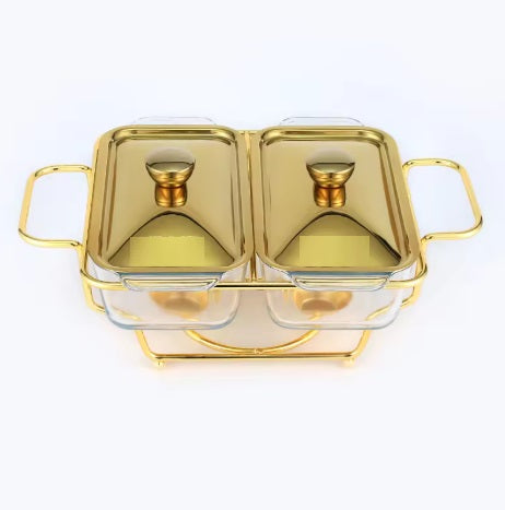 2 Grid Buffet Food Warmer Glass Serving Dish with Golden Lid