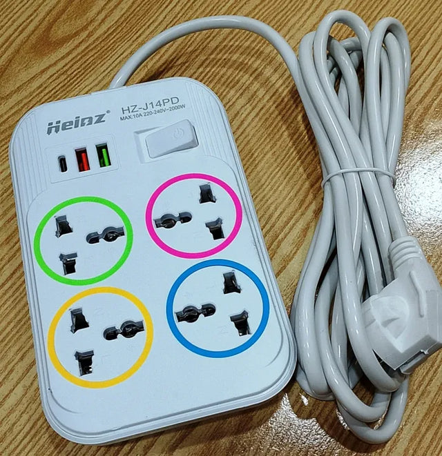 Techmanistan Multipurposed Charging Extension 2 Meter Cable 4 Universal Sockets Wired Cord With 3 USB Ports