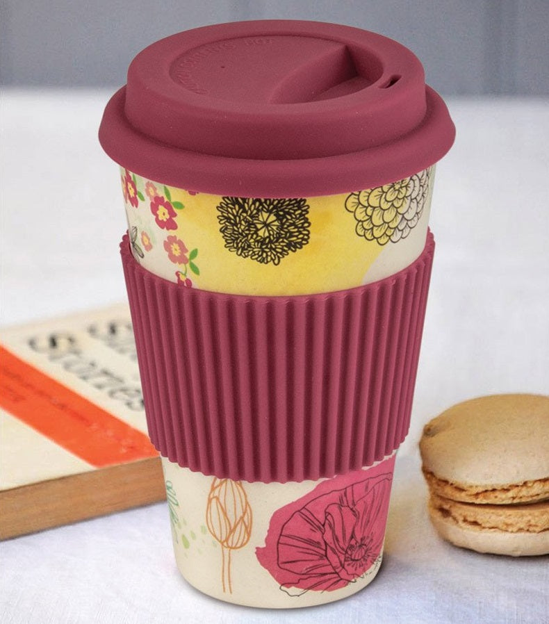Random Design & Color - Bamboo Fiber Coffee Mug With Lid And Sleeve, Reusable Bamboo Coffee Cup, Portable Travel Mug With Lid