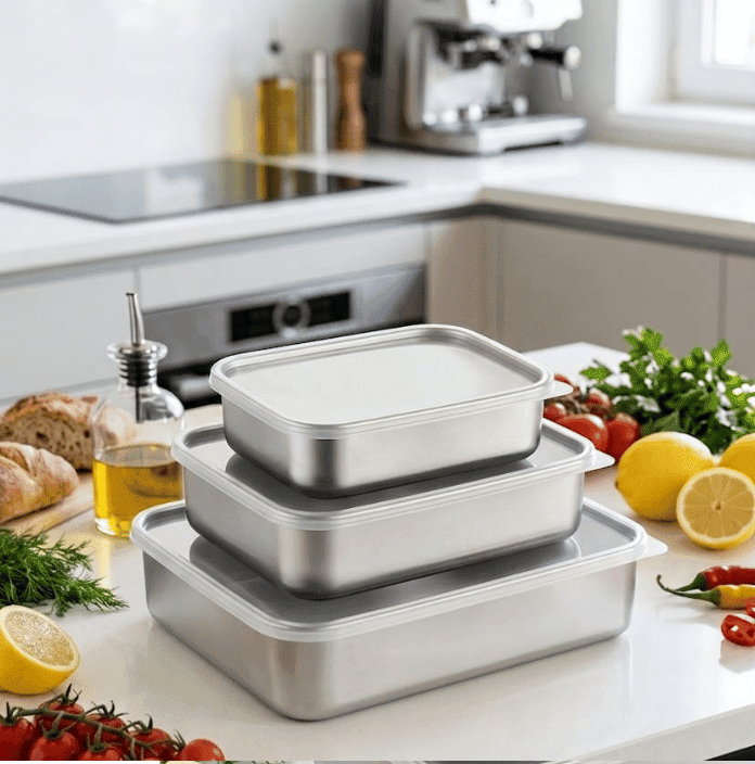 Set of 3 – Japanese Style Shallow Stainless Steel Refrigerator Storage Boxes