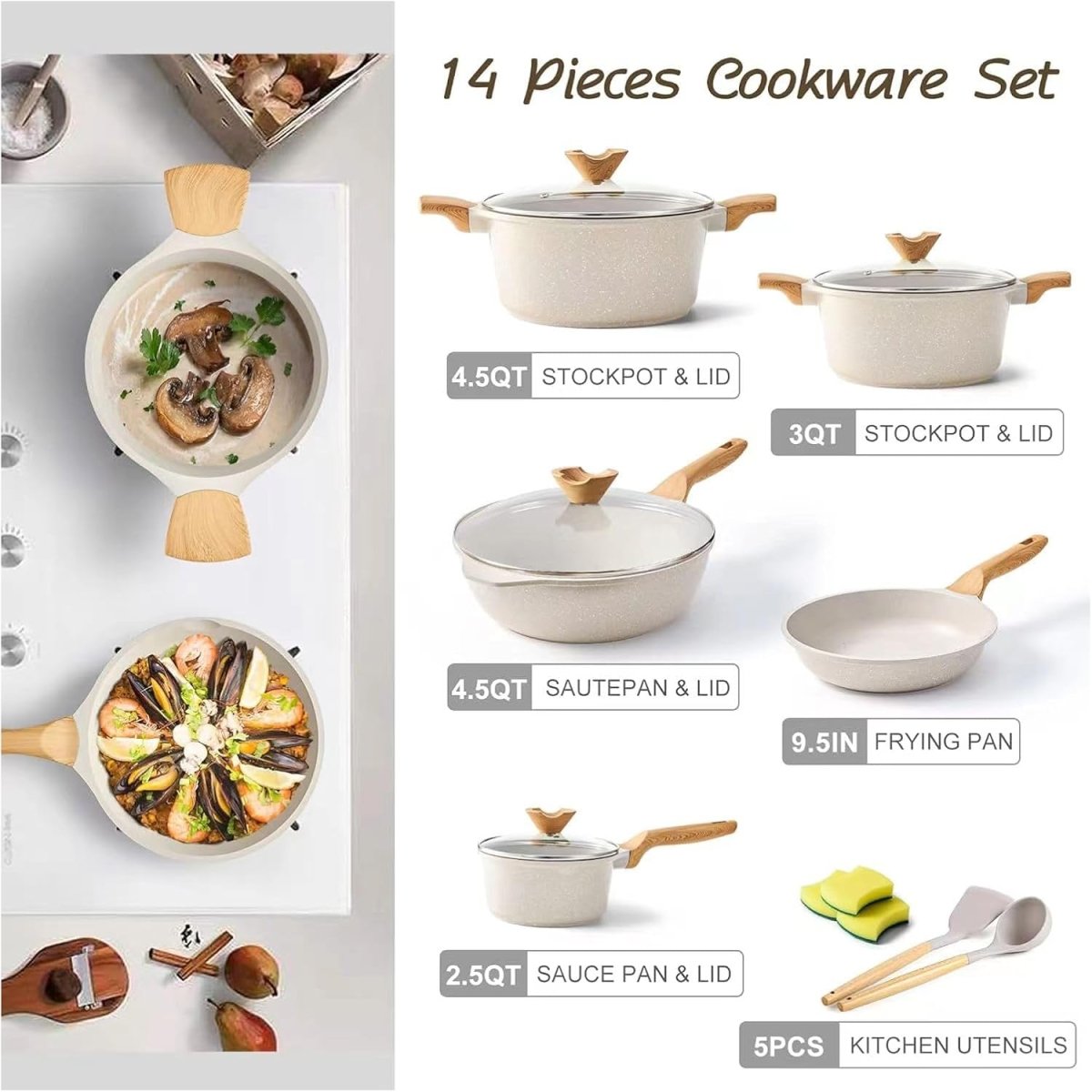 14-Piece Nonstick Coating Pots and Pans Set with Lids