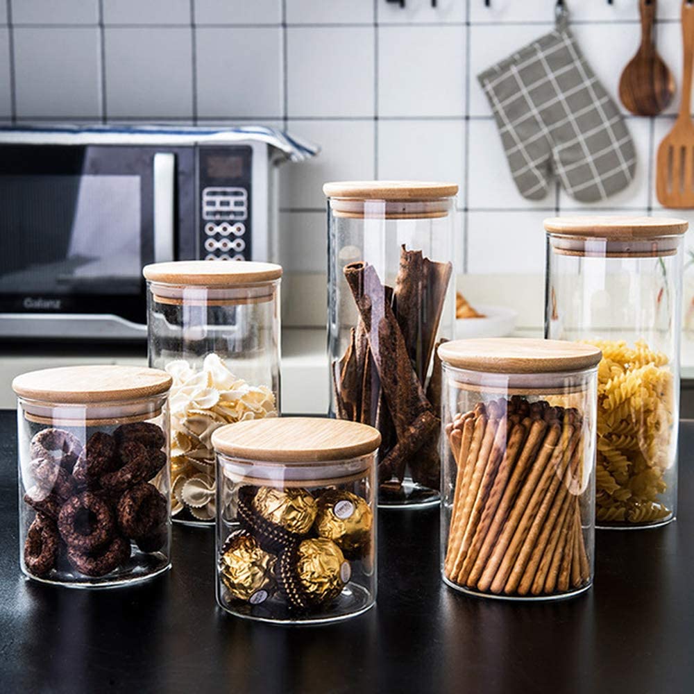Set of 3 - Kitchen Glass Jars With Wooden Bamboo Lids