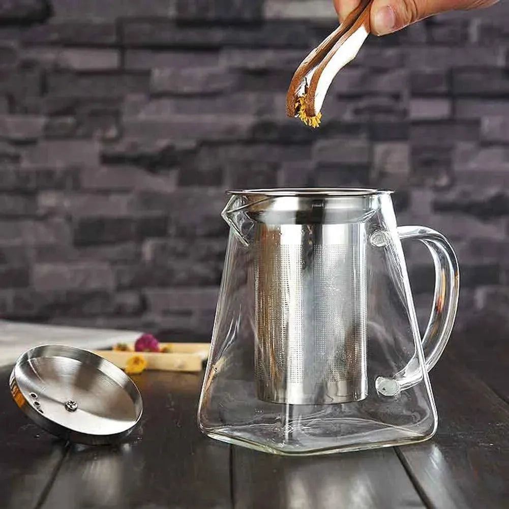 Square Glass Teapot with Heat-Resistant Stainless Steel Infuser Chai Kettle