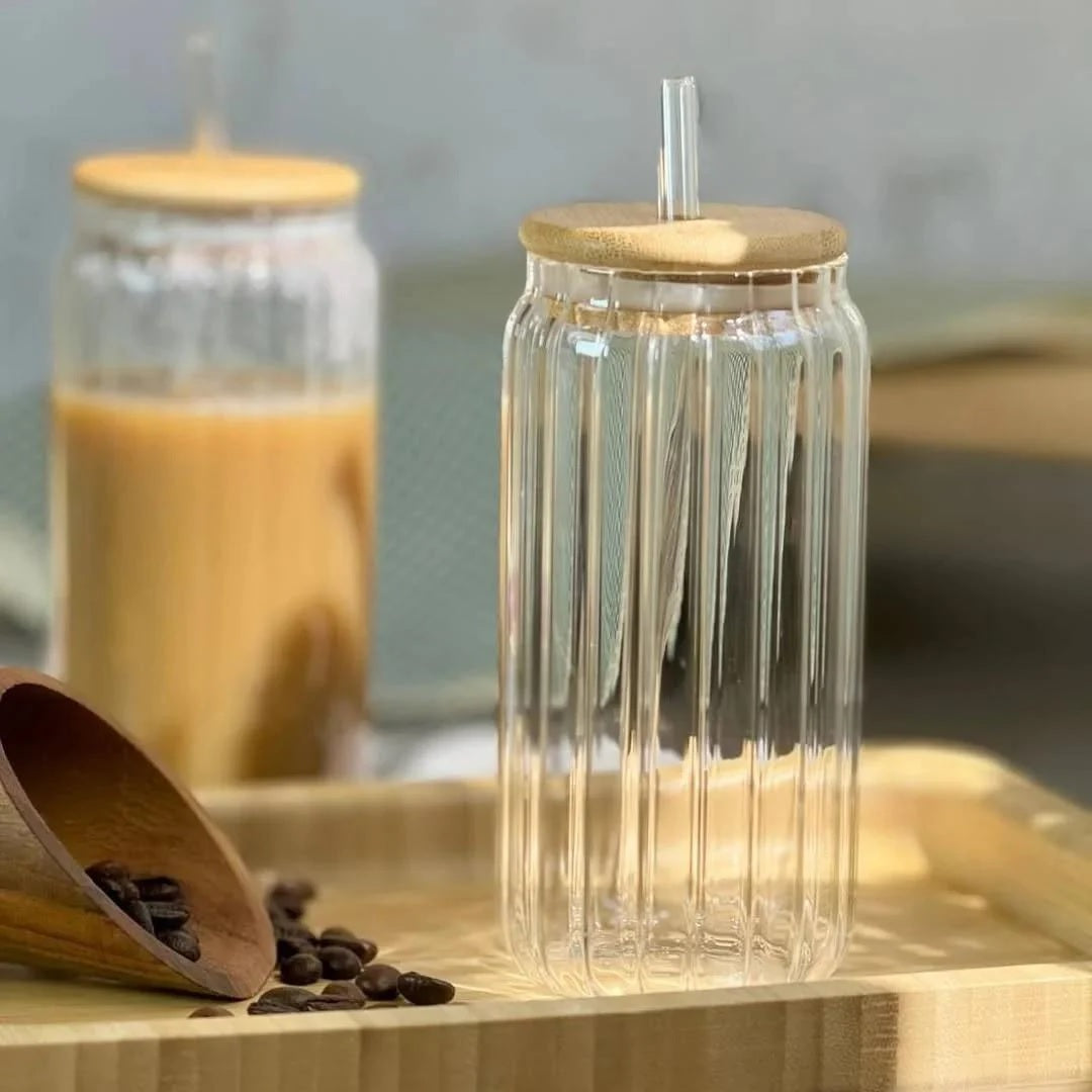 Glass Tumbler with Bamboo Lids and Glass Straw