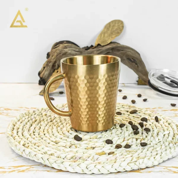 Stainless Steel Hammered Texture Glass with Handle – Double Wall Insulated Coffee Cup