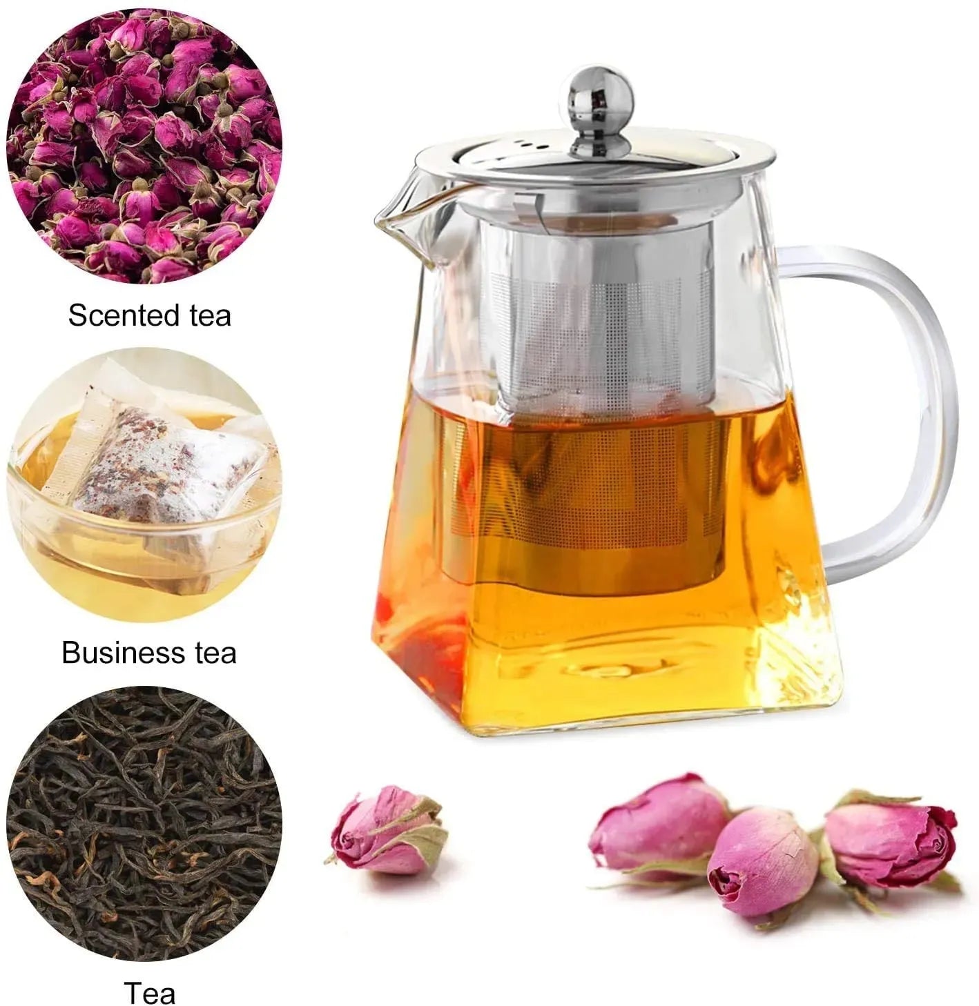 Square Glass Teapot with Heat-Resistant Stainless Steel Infuser Chai Kettle