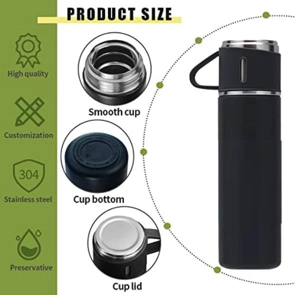 500ml Stainless Steel Vacuum Insulated Thermos Flask With 3 Cups