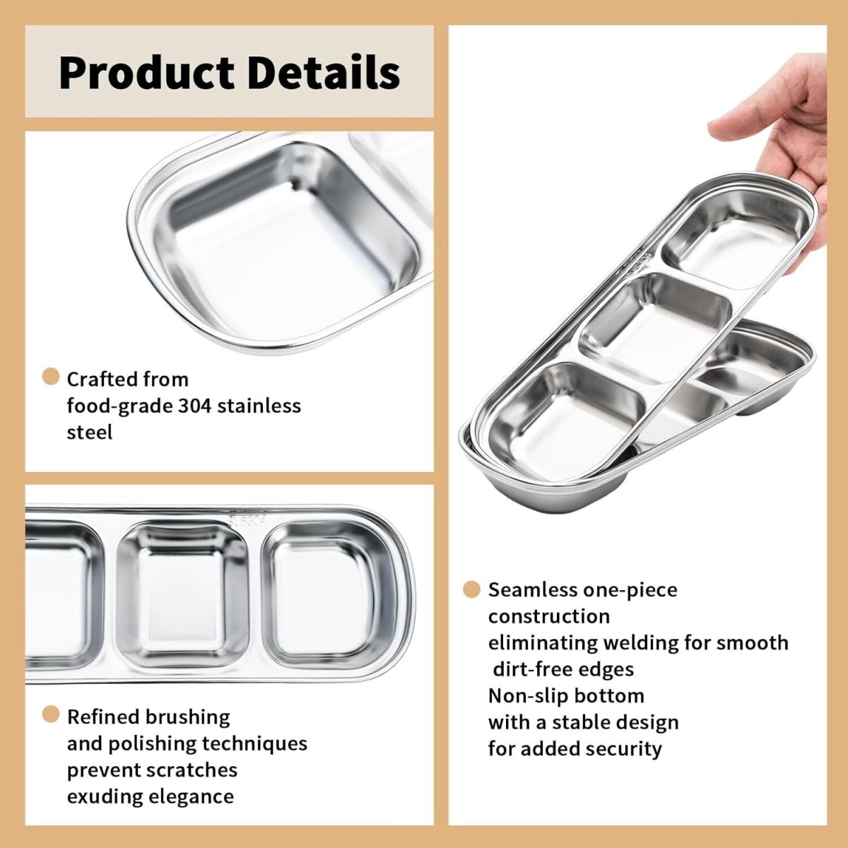 3 Compartments Stainless Steel Plate