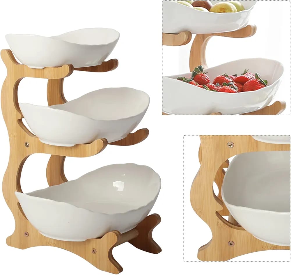 3 Layers Ceramic Bowls with Wooden Stand