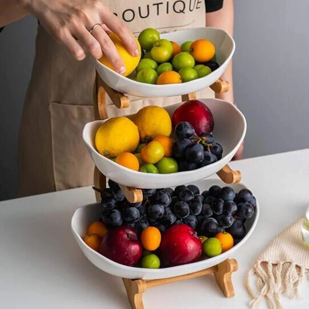 3 Layers Ceramic Bowls with Wooden Stand