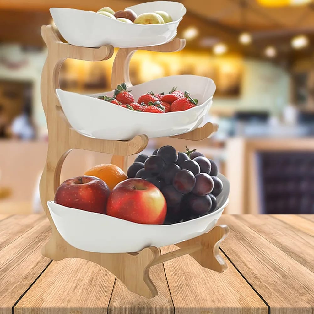 3 Layers Ceramic Bowls with Wooden Stand