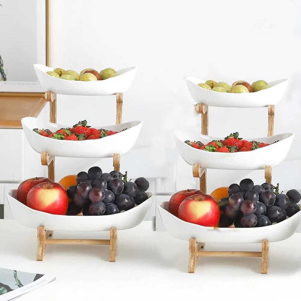 3 Layers Ceramic Bowls with Wooden Stand