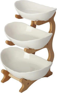 3 Layers Ceramic Bowls with Wooden Stand
