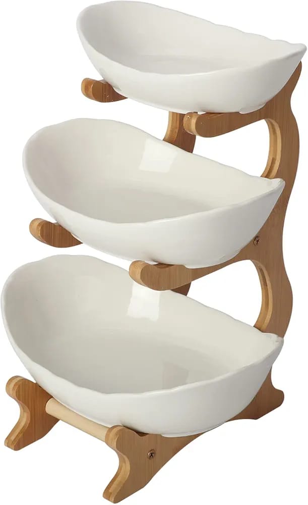 3 Layers Ceramic Bowls with Wooden Stand