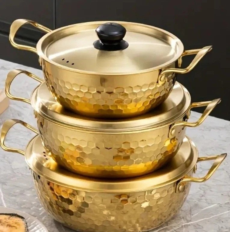 3 Piece Golden Hexagonal Pattern Serving Ramen Pots with Lids