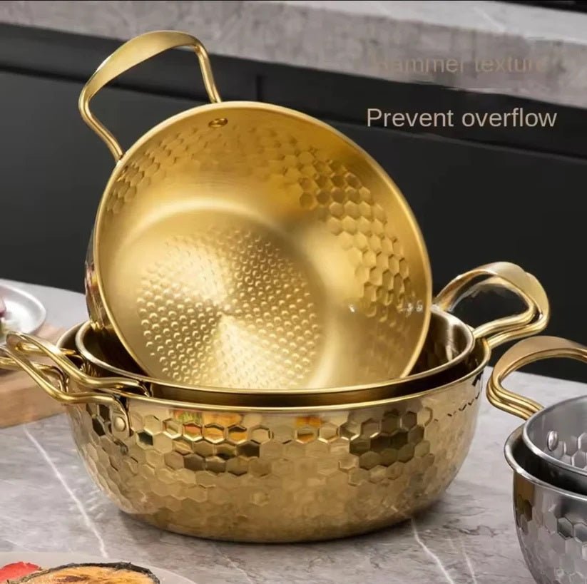 3 Piece Golden Hexagonal Pattern Serving Ramen Pots with Lids