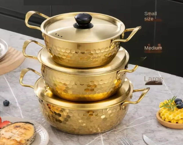 3 Piece Golden Hexagonal Pattern Serving Ramen Pots with Lids