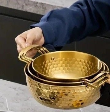 3 Piece Golden Hexagonal Pattern Serving Ramen Pots with Lids