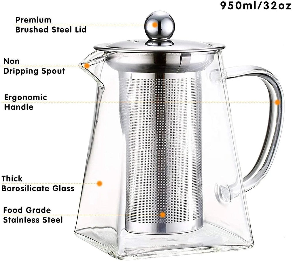 Square Glass Teapot with Heat-Resistant Stainless Steel Infuser Chai Kettle