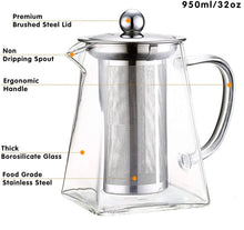 Square Glass Teapot with Heat-Resistant Stainless Steel Infuser Chai Kettle