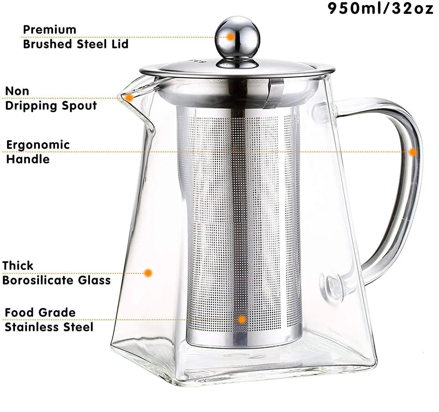 Square Glass Teapot with Heat-Resistant Stainless Steel Infuser Chai Kettle