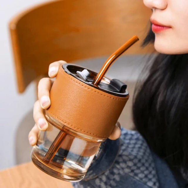 350ml Glass Tumbler with Straw & Leather Sleeve