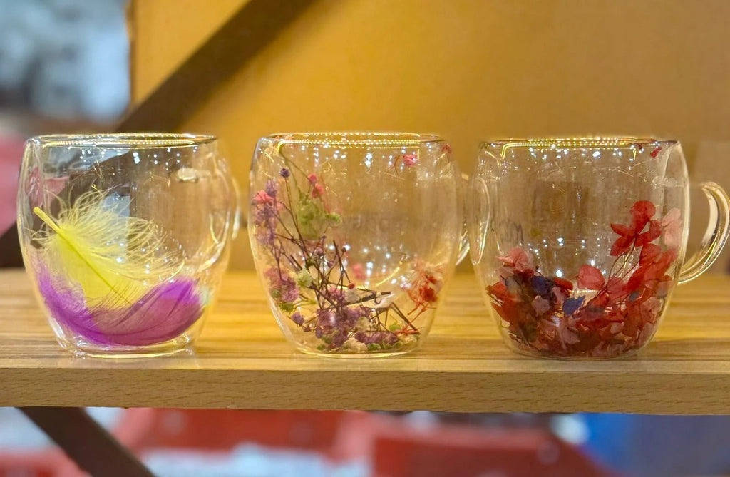 Set of 6 - Mini Double Wall Glass Mug with Dry Flowers Inside